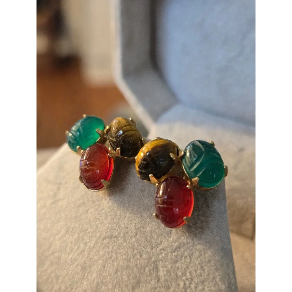 Egyptian Revival Goldfilled Scarab Earrings Semi-Precious Stones Vintage w/ Box